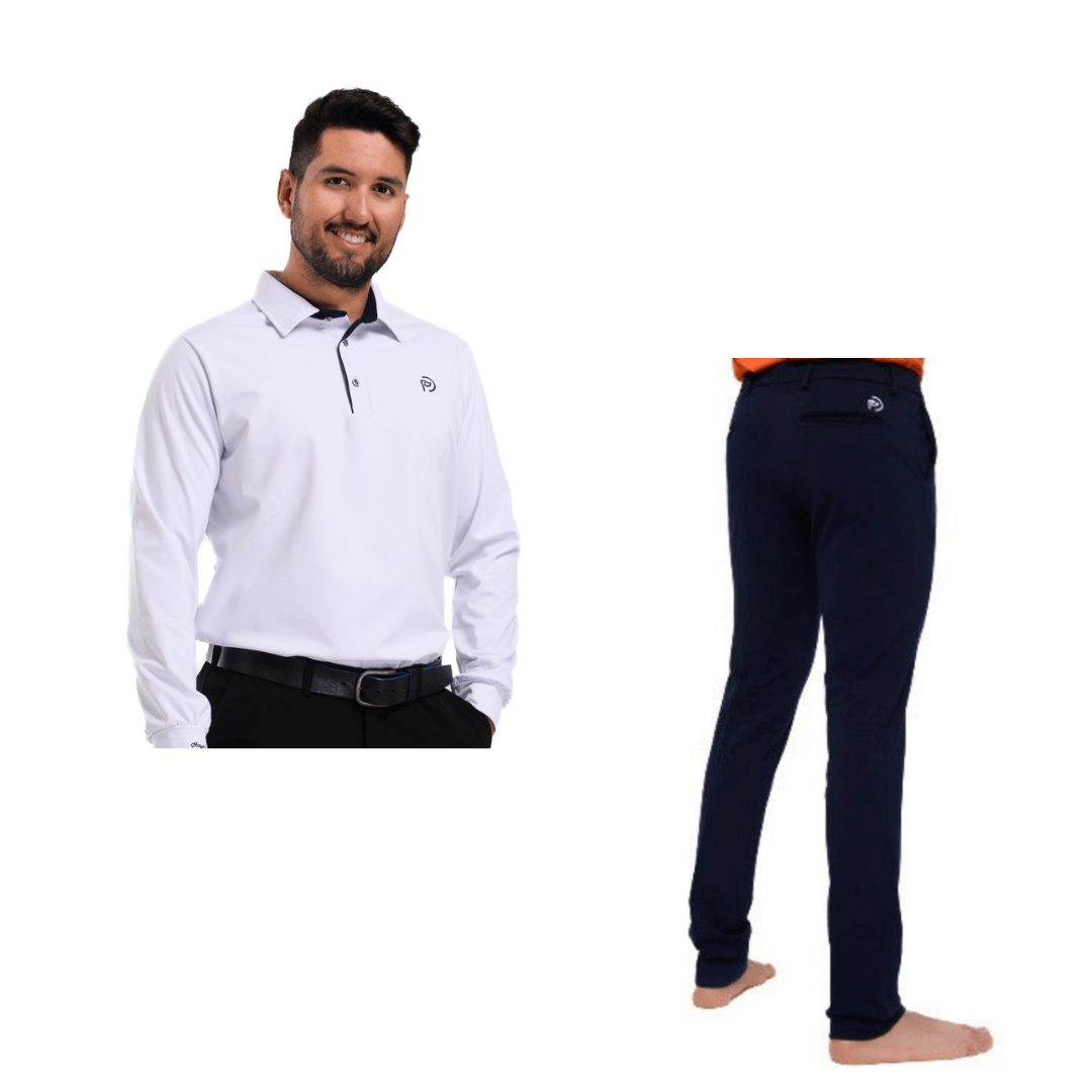 Conjunto para hombre: polo térmico elástico blanco y pantalón elástico azul marino - Hoyo 7