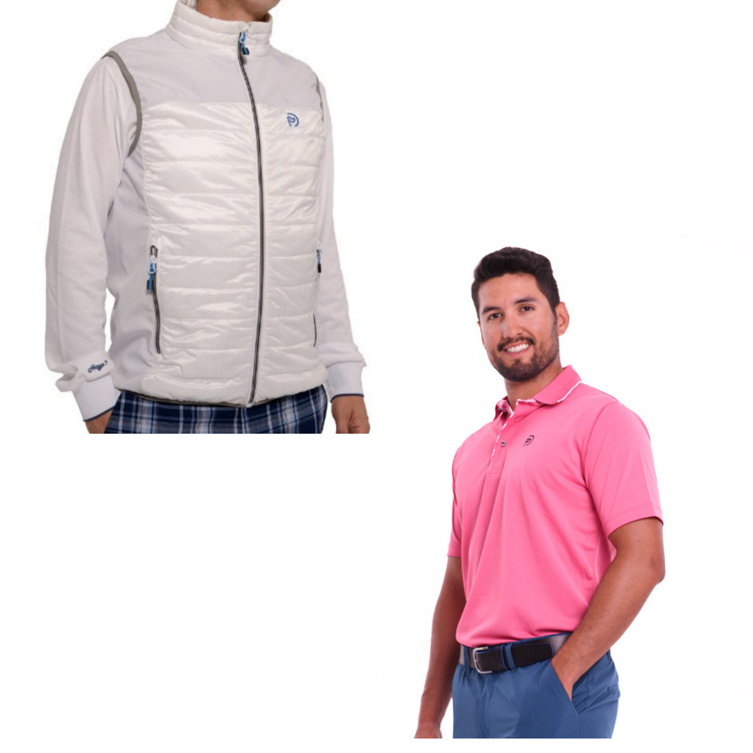 Conjunto hombre: chaleco de golf blanco + polo golf fucsia - Hoyo 7