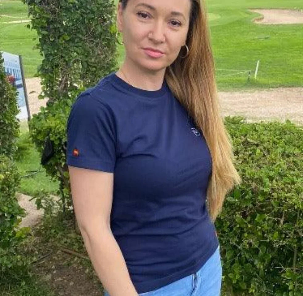 Camiseta azul marino, manga corta, detalles España, mujer (Outlet)