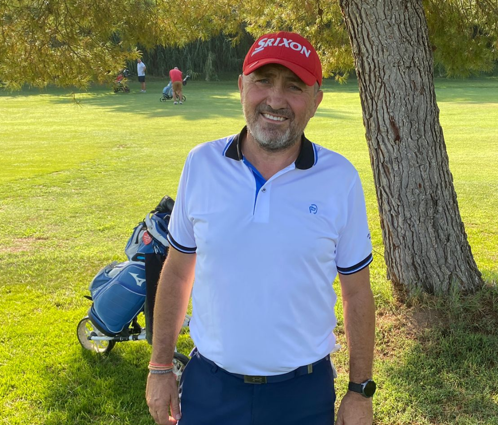 Weißes Kurzarm-Golfpolo, blaue Details, UPF 50+, Herren