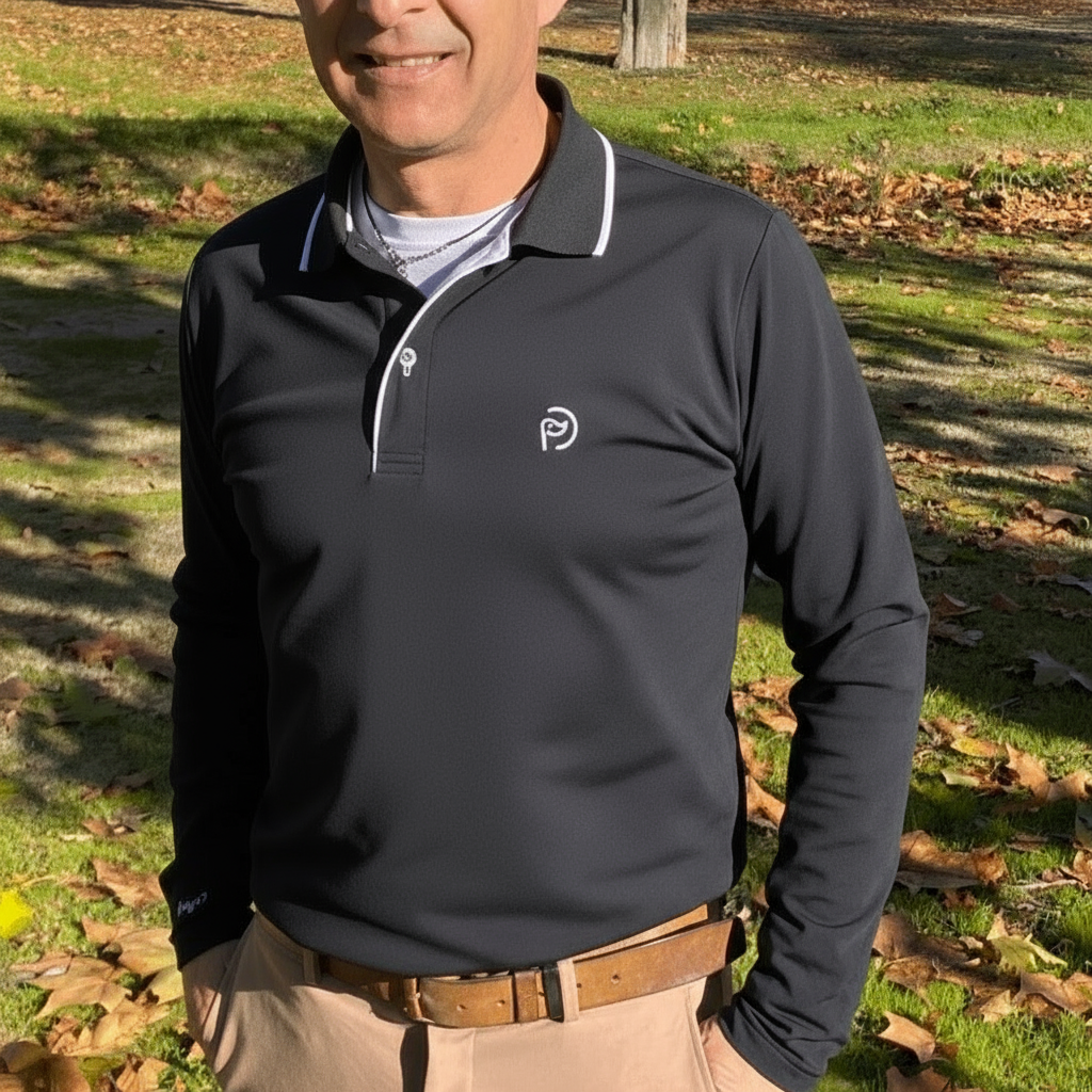 Polo de golf térmico elástico negro, detalles en blanco, hombre - Hoyo 7