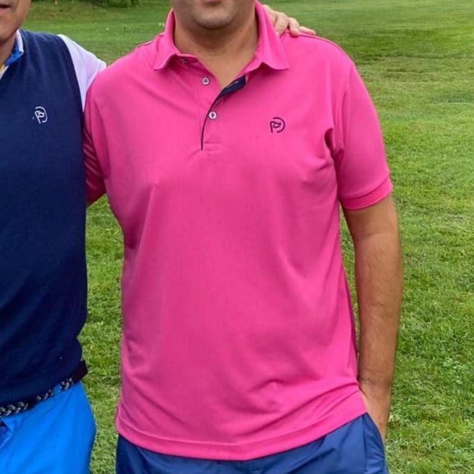 Conjunto para hombre: Pantalón técnico golf azul claro + polo golf fucsia cuello camisero - Hoyo 7