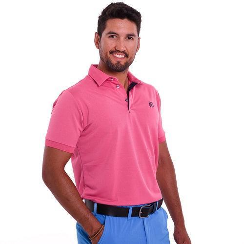 Conjunto para hombre: Pantalón técnico golf azul claro + polo golf fucsia cuello camisero - Hoyo 7