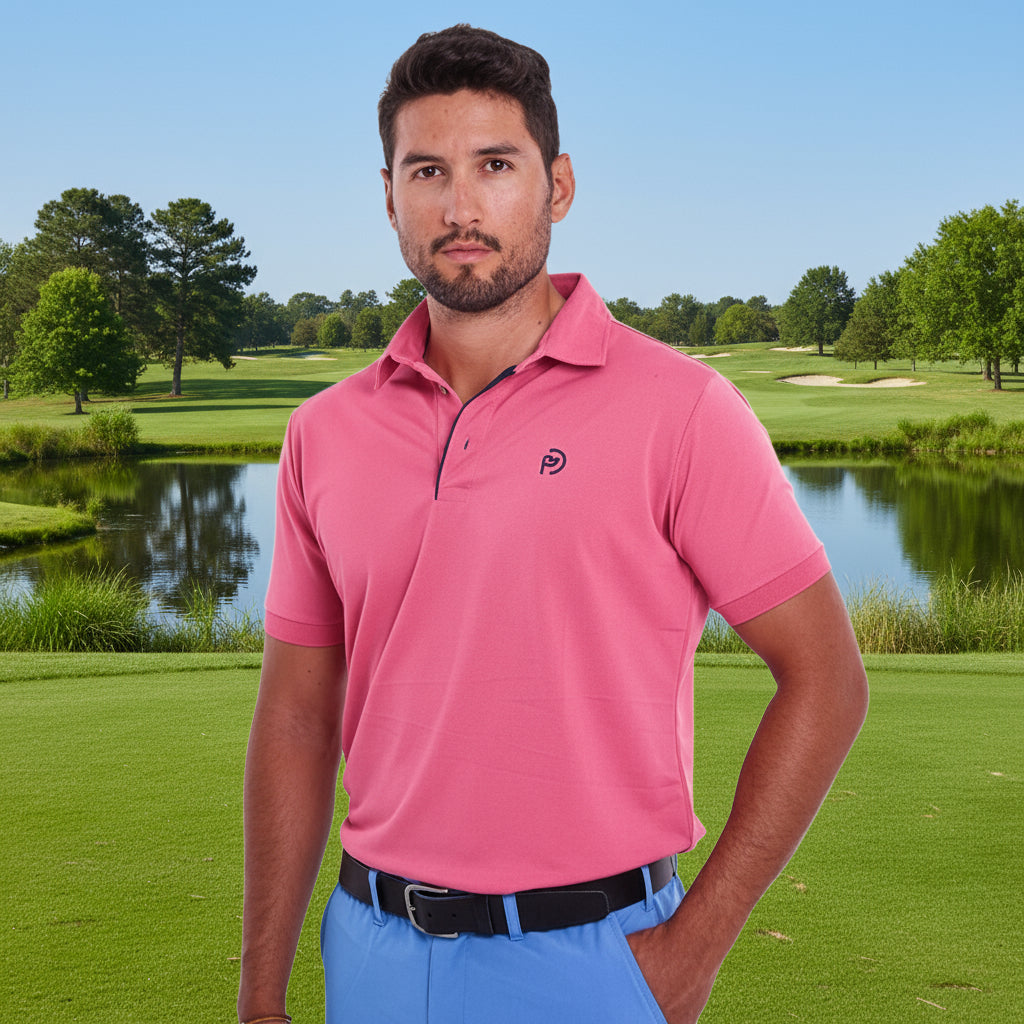 Conjunto para hombre: Pantalón técnico golf azul claro + polo golf fucsia cuello camisero - Hoyo 7