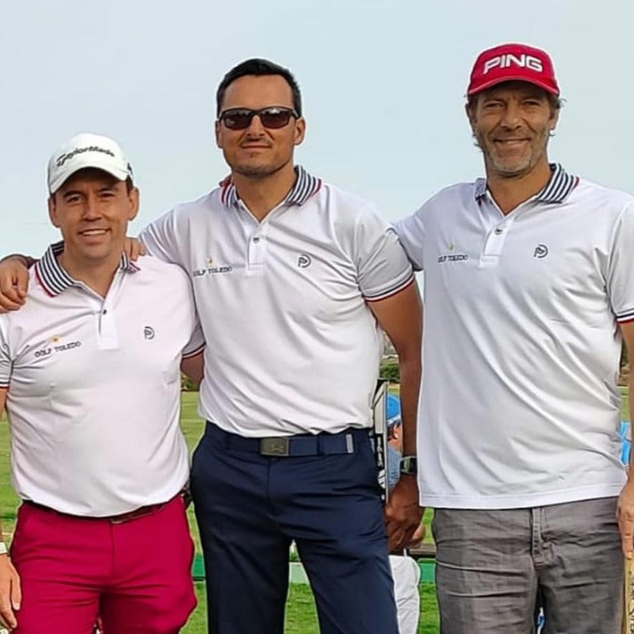 Polo de golf blanco UPF 50+, detalles marino y rojo, hombre - Hoyo 7