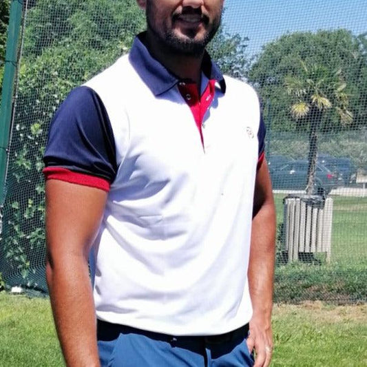 Polo de golf blanco UPF 50+, mangas y cuello camisero marino, hombre - Hoyo 7