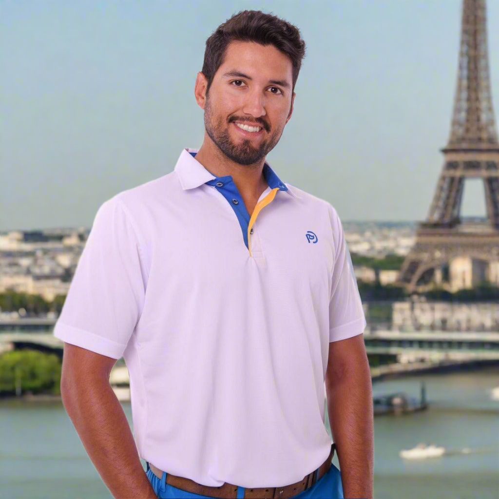 Ryder Europa Weißes Golfpolo, UPF 50+, Herren