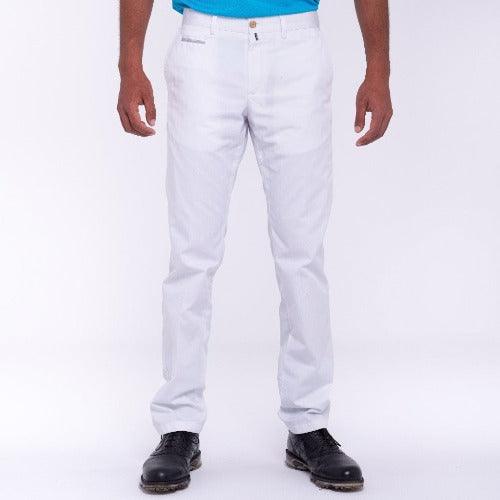 Look 7: Pantalón tejido gabardina blanco y polo fucsia, hombre - Hoyo 7