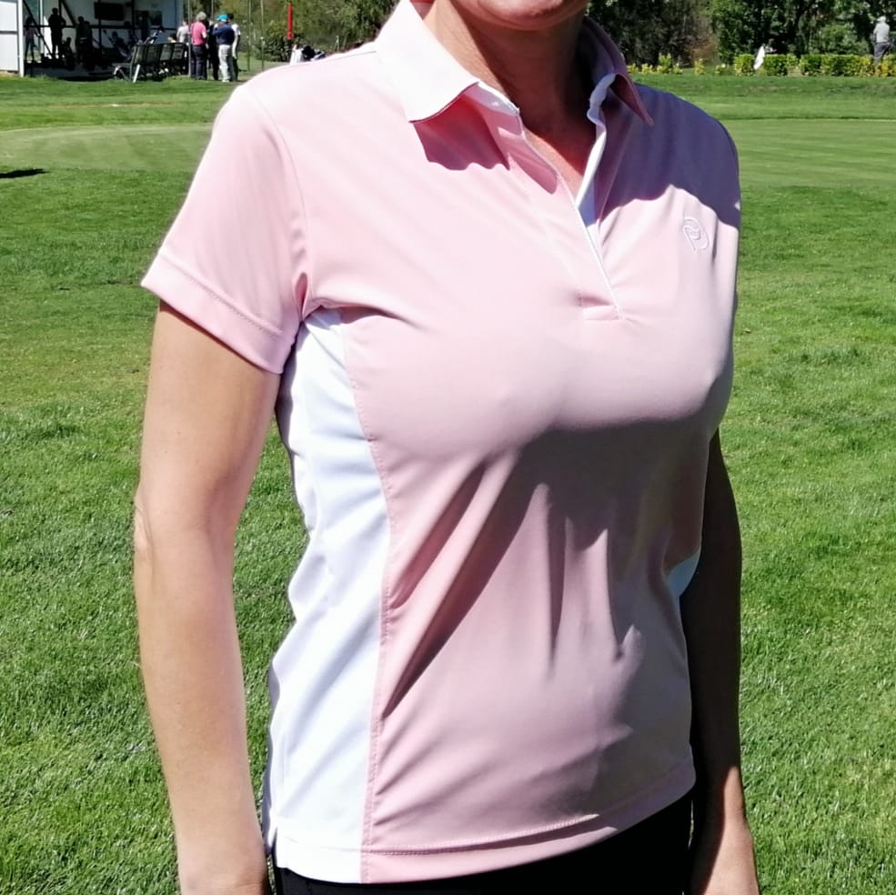 Polo de golf rosa y blanco, UPF 50+, mujer