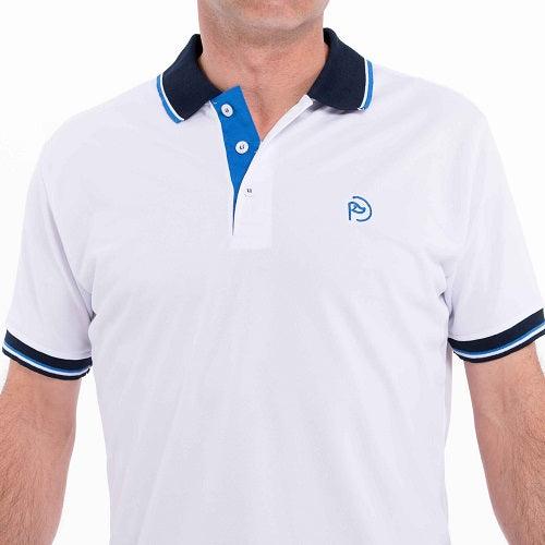 Polo de golf blanco manga corta, detalles en azul, UPF 50+, hombre - Hoyo 7