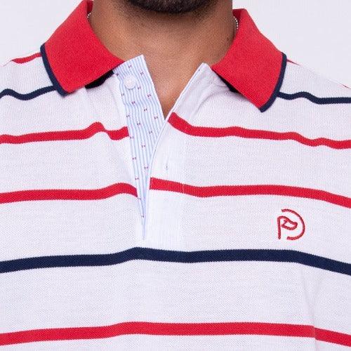 Polo algodón blanco con rayas, manga corta de hombre - Hoyo 7