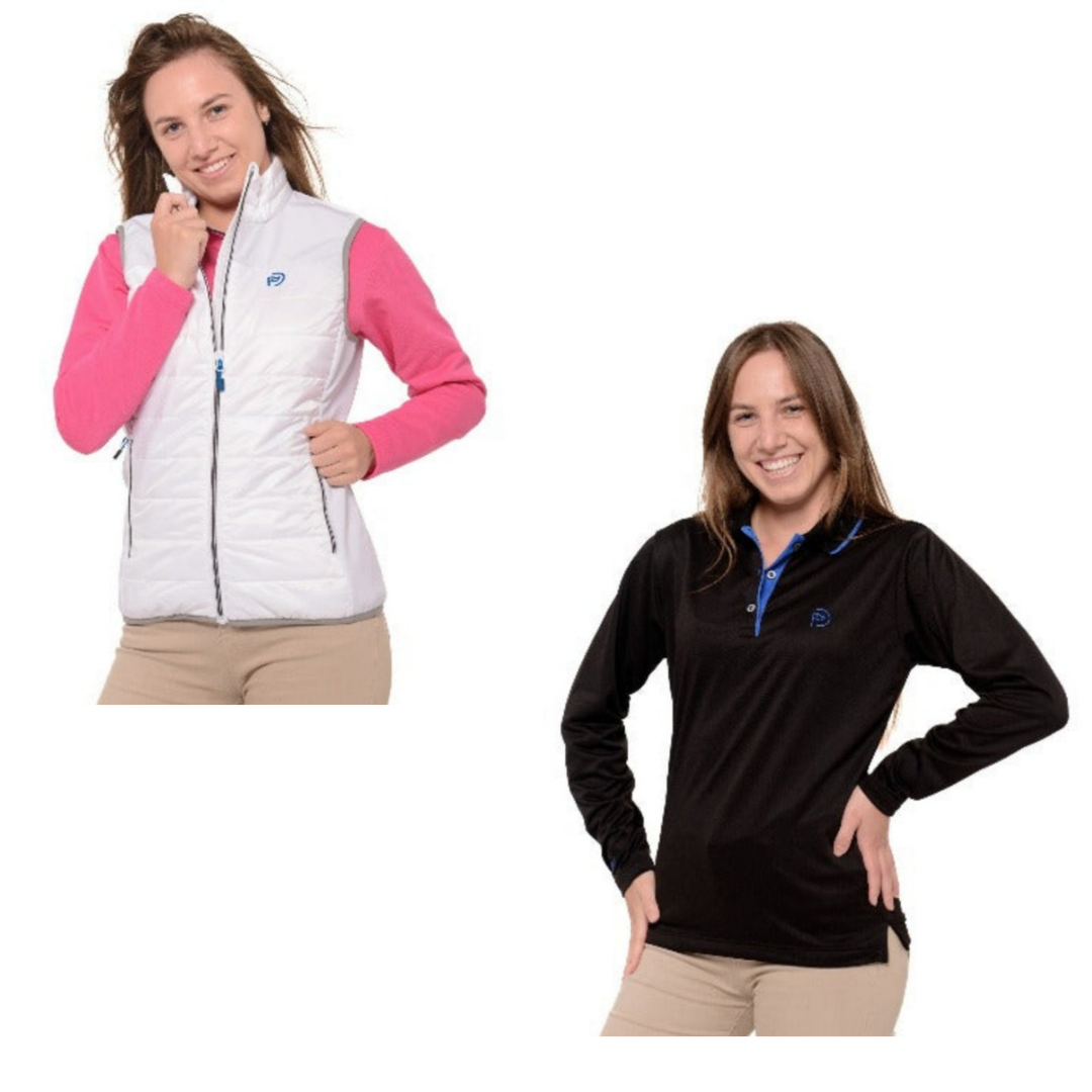 Set aus weißer wattierter Weste und schwarzem Thermo-Poloshirt, Damen