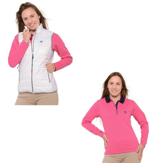 Chaleco acolchado blanco y polo térmico fucsia. Mujer