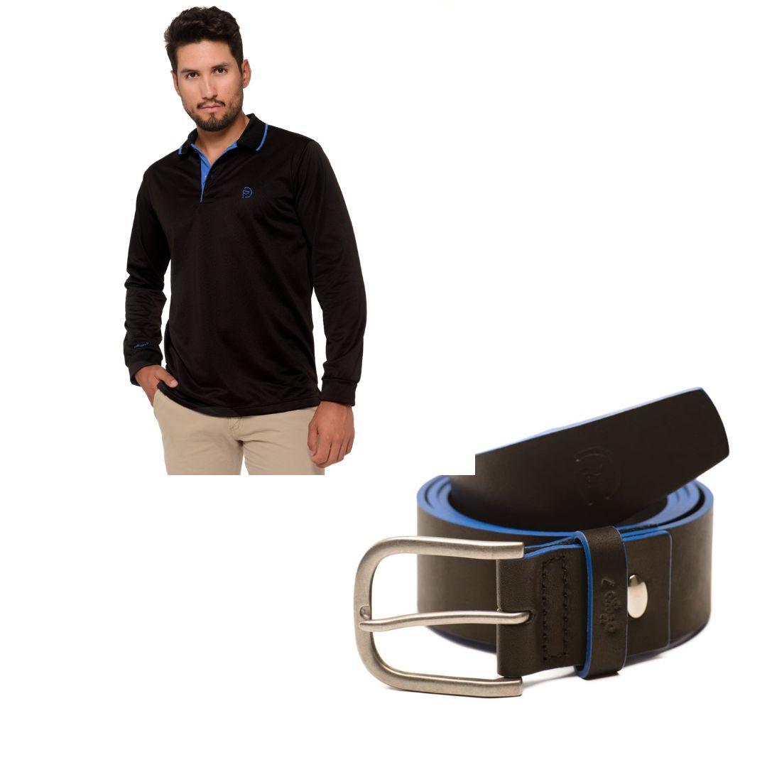 Conjunto polo térmico ligero y cinturón piel, negro, hombre - Hoyo 7