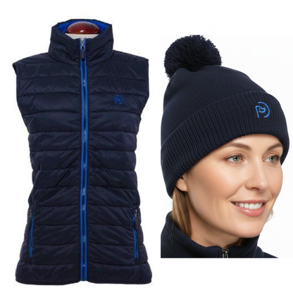 Conjunto chaleco acolchado ligero y gorro algodón orgánico. Azul marino. Mujer