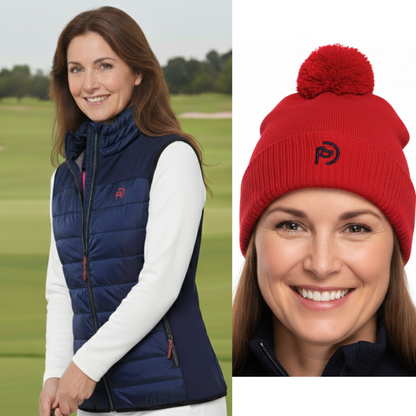 Conjunto de chaleco acolchado marino y gorro orgánico rojo, mujer