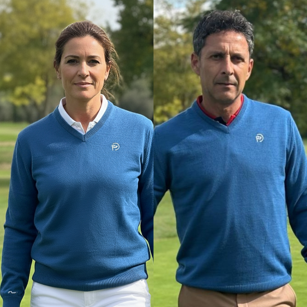 Petrolblauer Wollpullover mit V-Ausschnitt