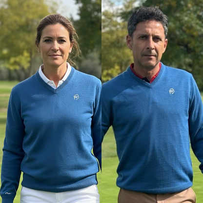 Petrolblauer Wollpullover mit V-Ausschnitt