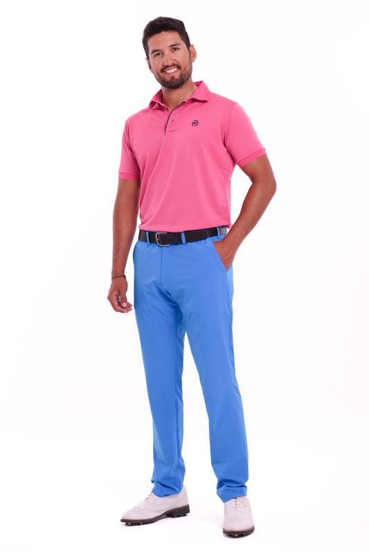 Set: Hellblaue technische Golfhose + fuchsiafarbener Golf-Poloshirt-Kragen