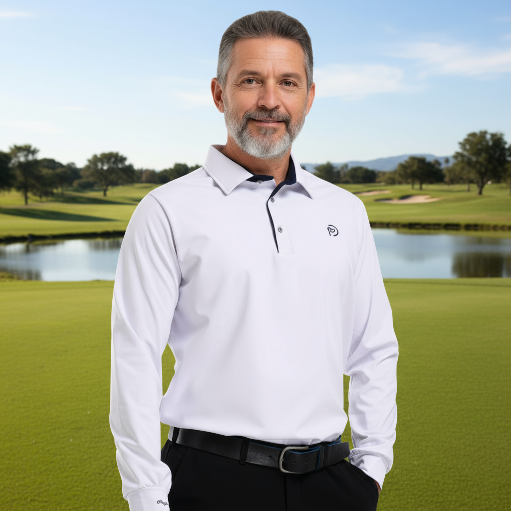 Weißes Stretch-Thermo-Golfpoloshirt, Hemdkragen, Herren