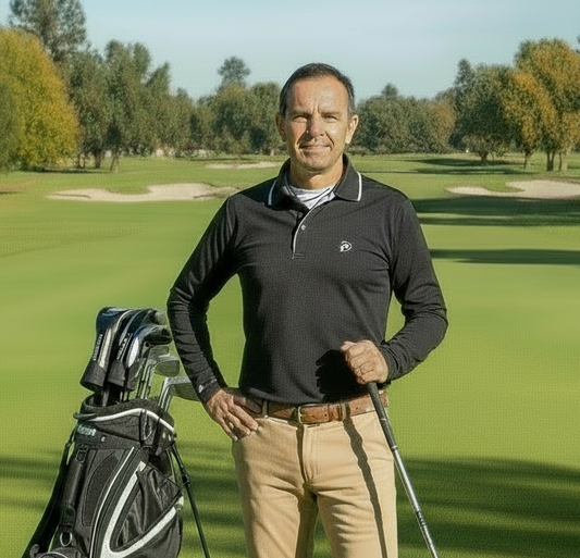 Polo de golf térmico elástico negro, detalles en blanco, hombre