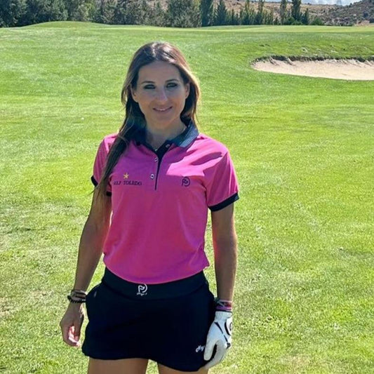 Polo de golf fucsia, detalles en marino, UPF 50+, mujer - Hoyo 7