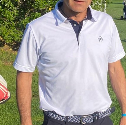 Polo de golf blanco UPF 50+, cuello camisero, hombre