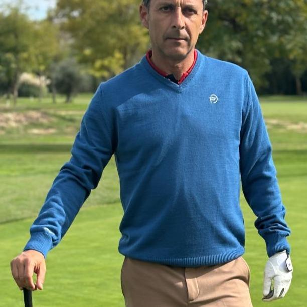 Jersey cuello pico lana azul jeans, UNISEX - Hoyo 7