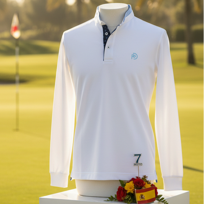 Polo blanco  de algodón Hoyo 7 manga larga con cuello mao