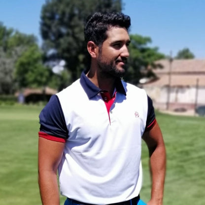 Polo de golf blanco UPF 50+, mangas y cuello camisero marino, hombre - Hoyo 7