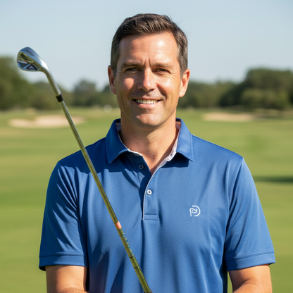 Polo de golf hombre cuello camisero azul detalle