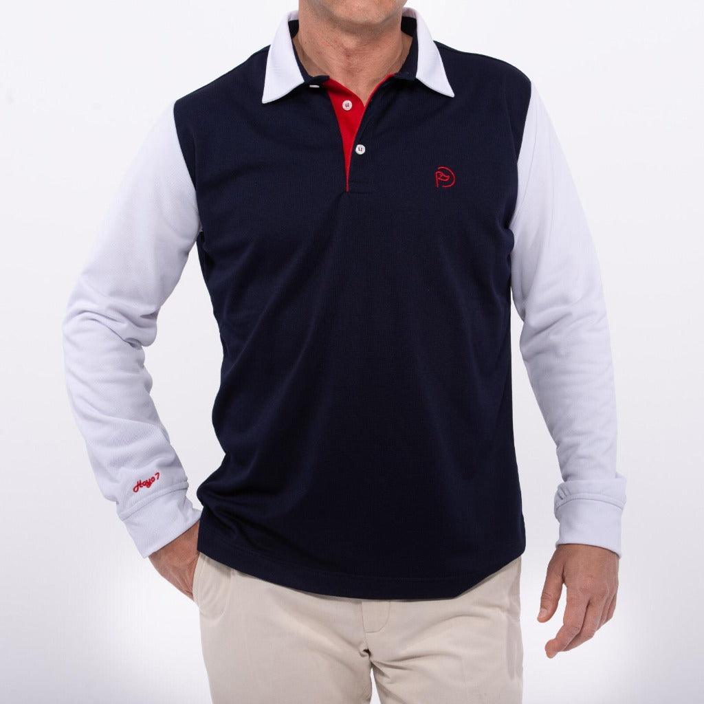 Polo de golf térmico elástico, azul marino con mangas blancas, hombre - Hoyo 7