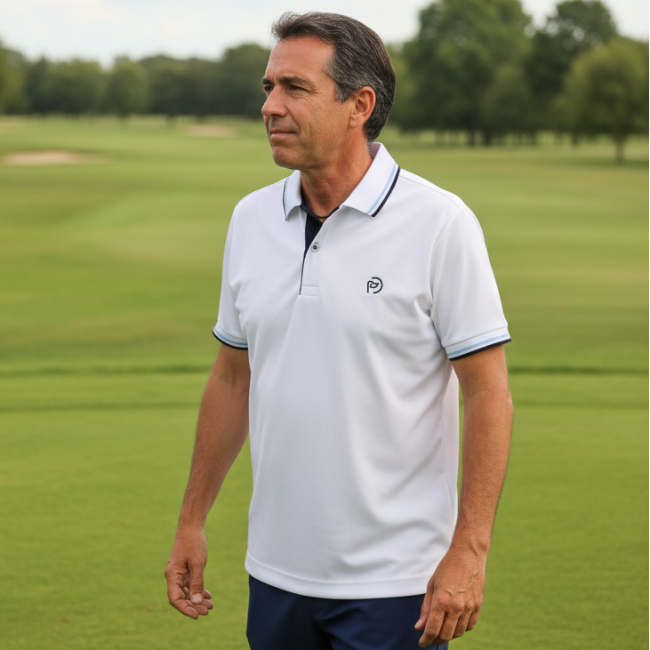 Polo golf hombre blanco con detalles en marino y celeste