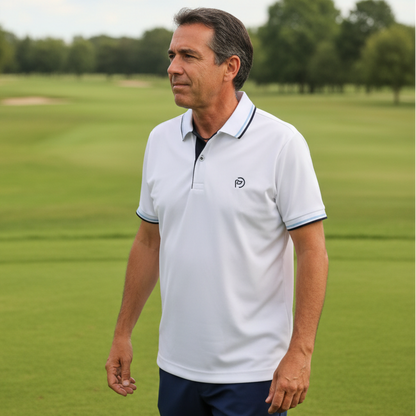 Polo golf hombre blanco con detalles en marino y celeste