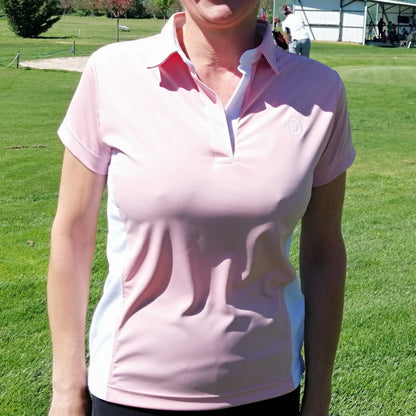 Polo de golf rosa y blanco, UPF 50+, mujer
