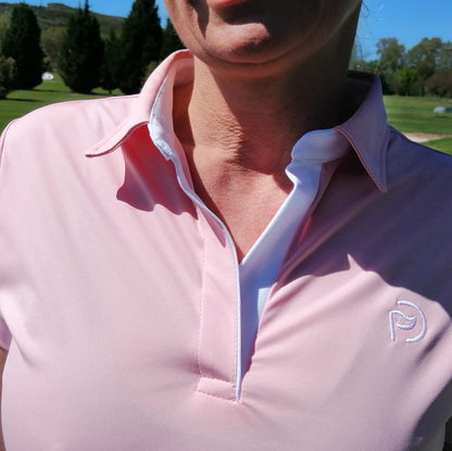 Polo de golf rosa y blanco, UPF 50+, mujer
