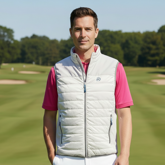 Conjunto hombre: chaleco de golf blanco + polo golf fucsia