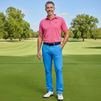Conjunto para hombre: Pantalón técnico golf azul claro + polo golf fucsia cuello camisero - Hoyo 7