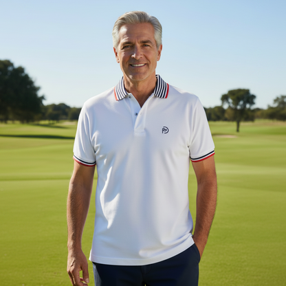 Polo golf hombre blanco con cuello rayas Hoyo 7