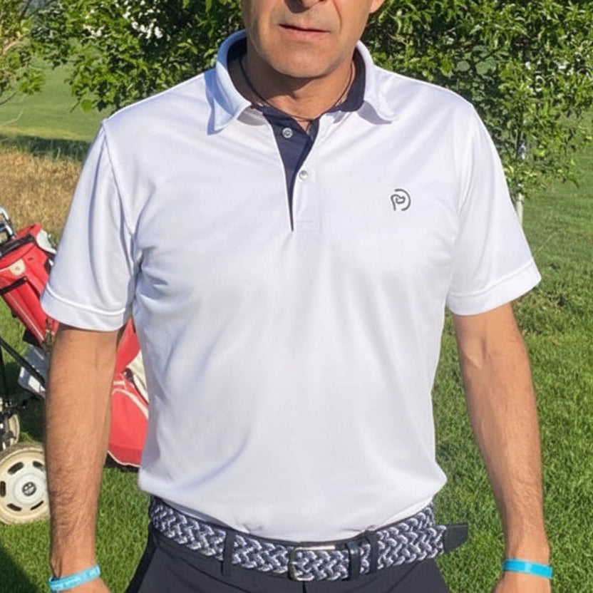 polo golf blanco hombre con cuello camisero