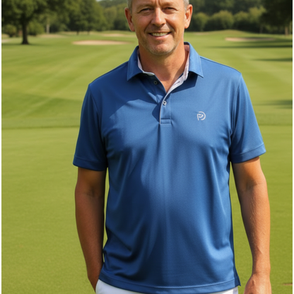 Polo de golf de hombre con cuello camisero azul