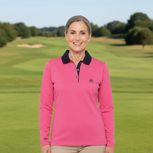Polo de golf térmico fucsia de mujer, detalles azul marino