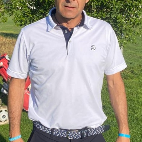 Polo de golf blanco UPF 50+, cuello camisero, hombre