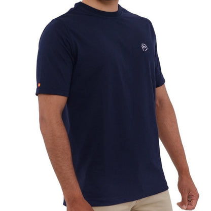 Camiseta de algodón, con detalle de bandera de España, acabados Premium, fabricada en España, de color azul marino