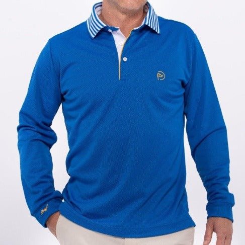 Polo de golf térmico azul royal hombre con cuello de rayas