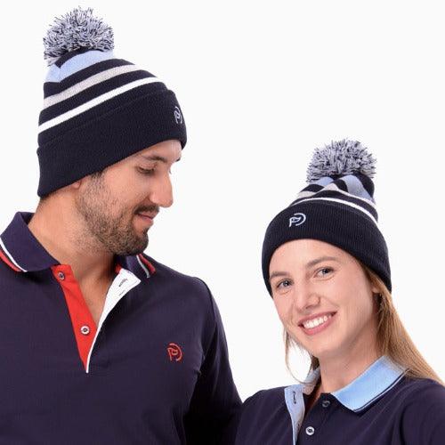 gorro invierno pompón azul marino con rayas unisex
