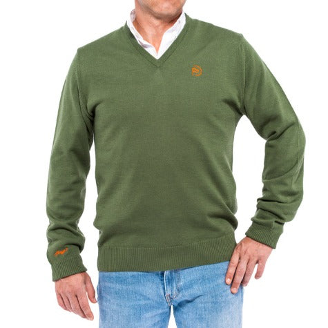 jersey de lana cuello pico en color verde caza de hombre