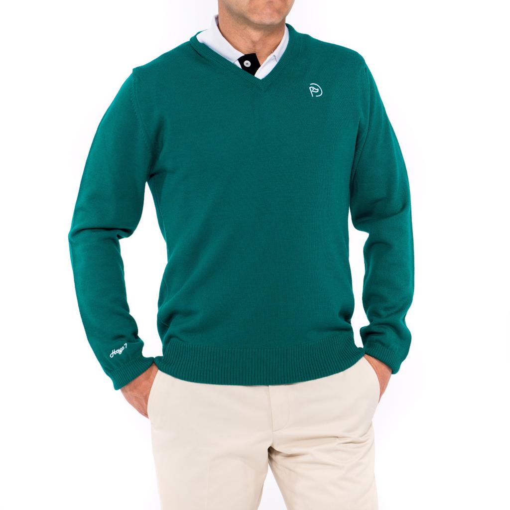 Jersey de lana cuello pico en color verde, fabricado en España